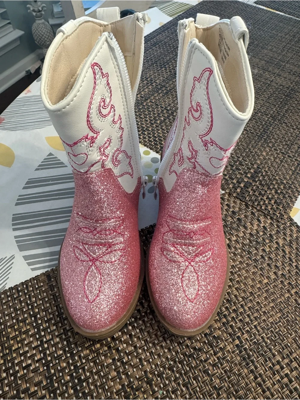 Girls' Pink Glitter Cowboy Boots with White Embroidered